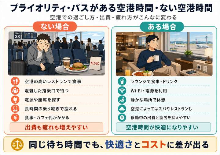 プライオリティ・パスがある場合とない場合の空港での過ごし方・出費・疲労の違いを比較した図解