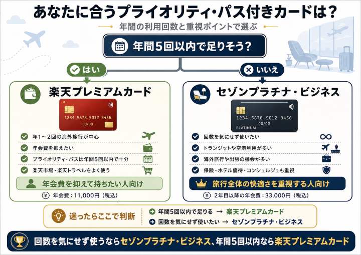 年間5回以内で足りるかどうかを基準に、楽天プレミアムカードとセゾンプラチナ・ビジネスの違いを比較した図解