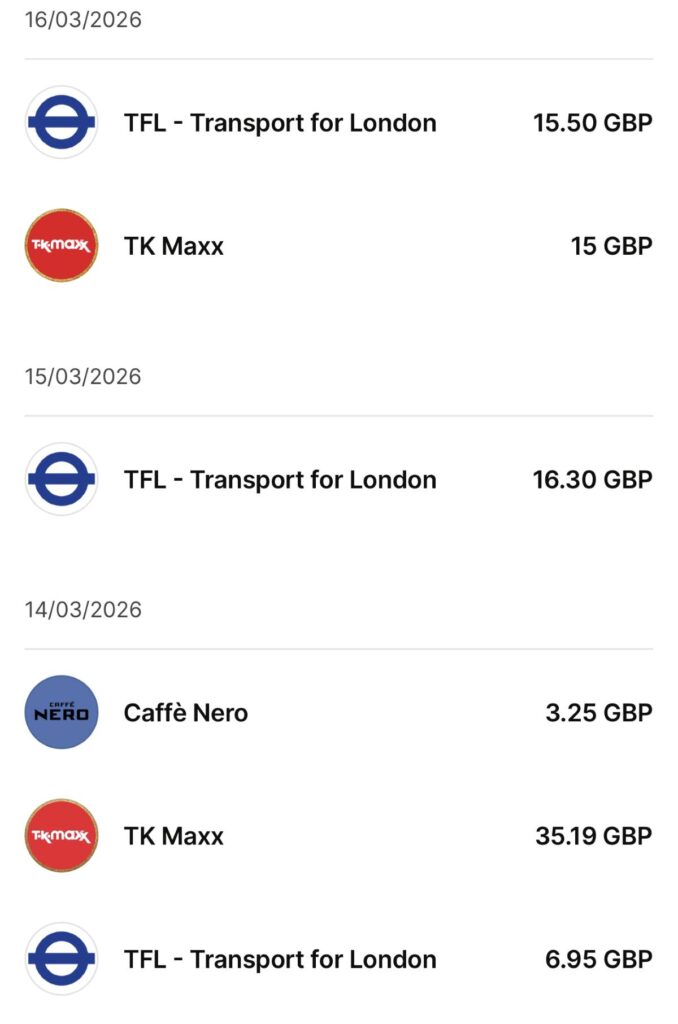 WISEのイギリスでの利用明細（ロンドンでの支払い履歴）