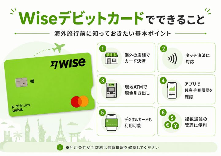 Wiseデビットカードでできることをまとめた図解。海外旅行でのカード決済、ATM引き出し、タッチ決済、デジタルカードの利用などを解説