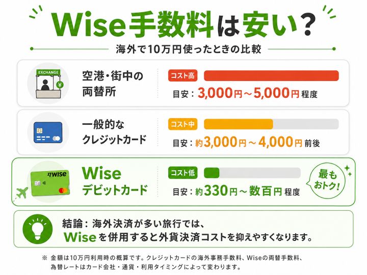 Wise手数料は安いのかを比較した図解。海外で10万円使った場合の目安として、空港・街中の両替所は3,000円〜5,000円程度、一般的なクレジットカードは約3,000円〜4,000円前後、Wiseデビットカードは約330円〜数百円程度と比較している画像